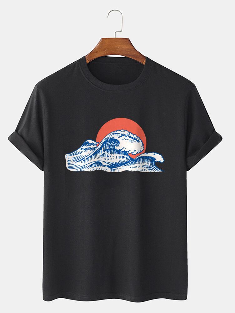 Miesten Wave Red Sun Graphic Cotton Lyhythihaiset T-paidat