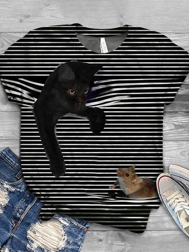 Naisten 3d Cat Animal Pinstripe Print O-kaula Rento Lyhythihaiset T-paidat