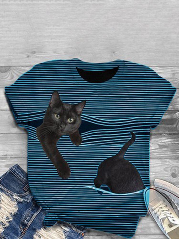 Naisten 3d Cat Animal Pinstripe Print O-kaula Rento Lyhythihaiset T-paidat