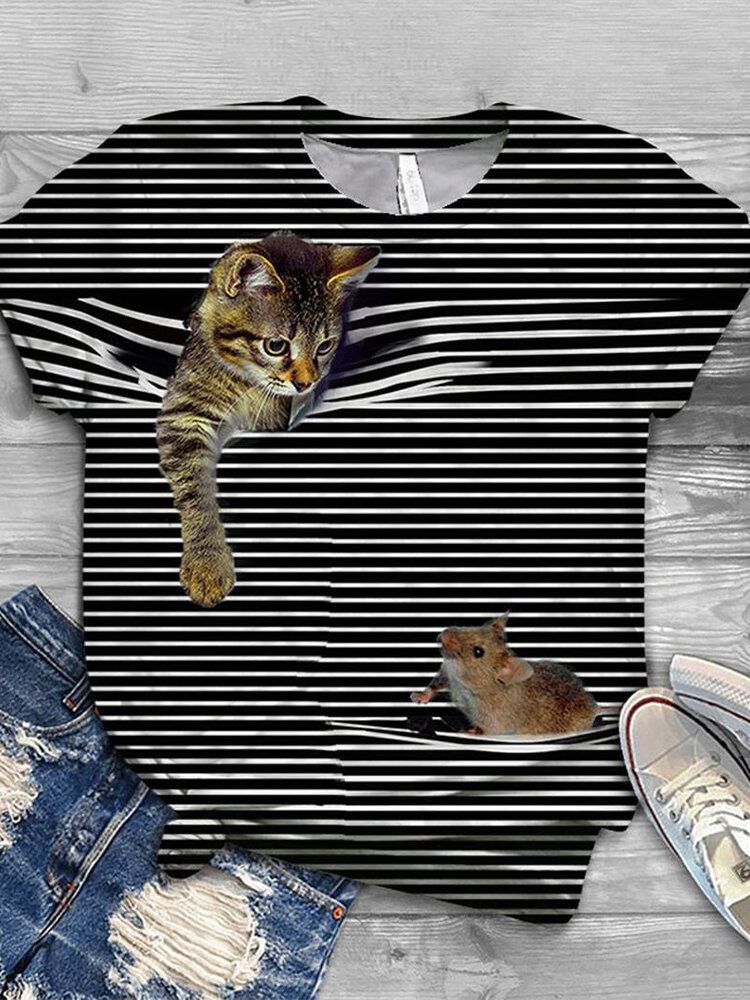 Naisten 3d Cat Animal Pinstripe Print O-kaula Rento Lyhythihaiset T-paidat
