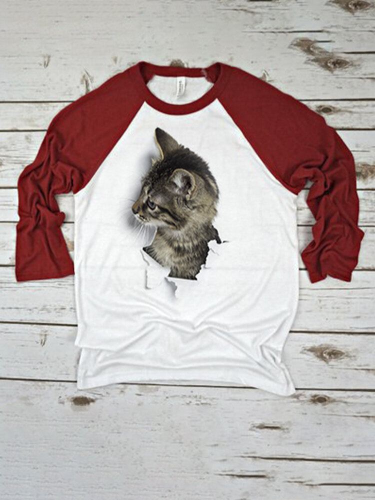 Naisten 3d Cat Patchwork Raglan Sleeve Pyöreäkaula-aukkoinen Rento T-paita