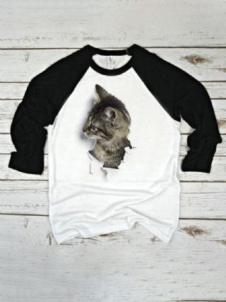 Naisten 3d Cat Patchwork Raglan Sleeve Pyöreäkaula-aukkoinen Rento T-paita