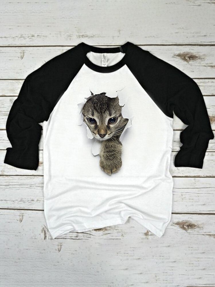 Naisten 3d Kissan Rintakuvioitu Patchwork Raglan Sleeve Pyöreäkaula-aukkoinen Causal T-paita