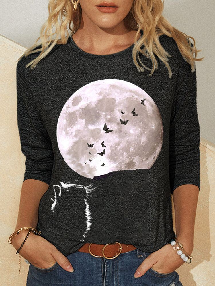 Naisten Cat Moon Graphic Printed Pitkähihainen O-kaula Rento T-paita
