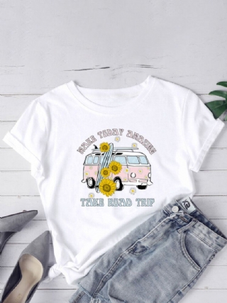 Naisten Daisy Car Slogan Print O-neck Casual Lyhythihaiset T-paidat