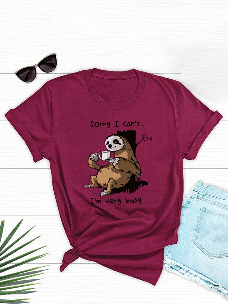 Naisten Funny Sloth Slogan Print O-kaula Lyhythihainen Päivittäinen Mukava T-paita