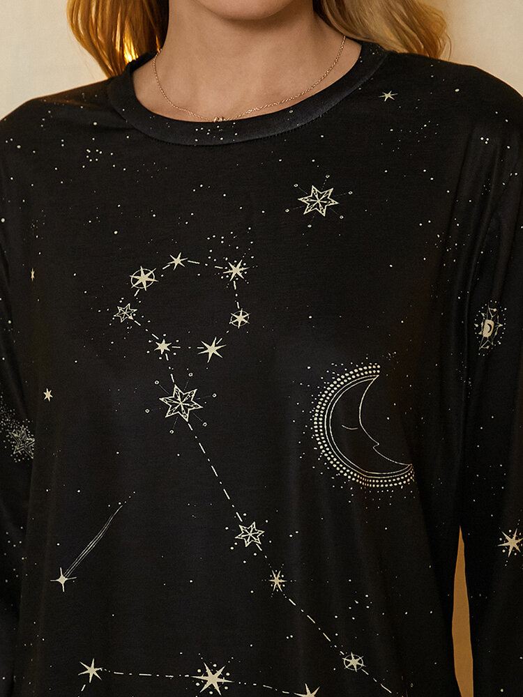 Naisten Kalat Print Stars Moon O-kaula Pitkähihainen Rento T-paita
