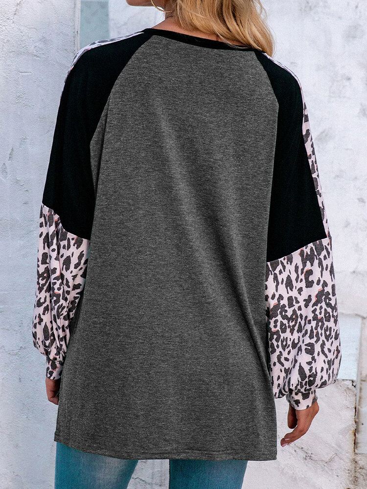 Naisten Leopard Raglan Sleeve Patchwork O-kaula Rento Löysä T-paita