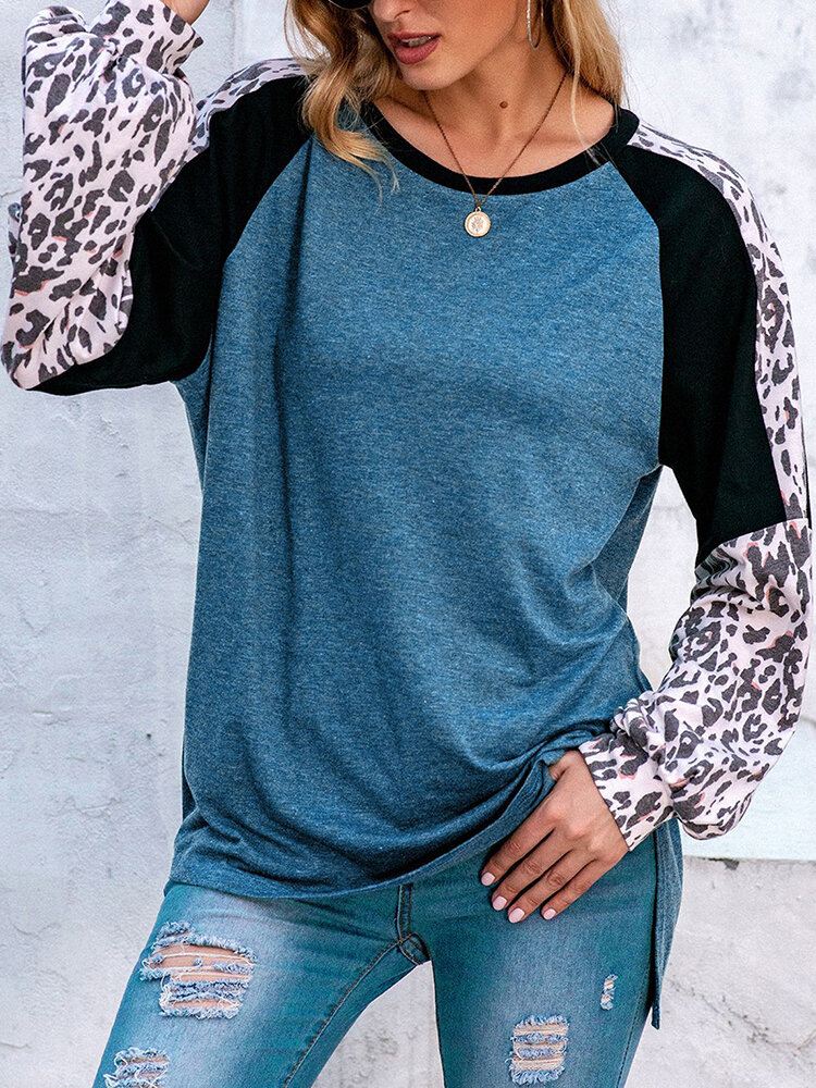 Naisten Leopard Raglan Sleeve Patchwork O-kaula Rento Löysä T-paita