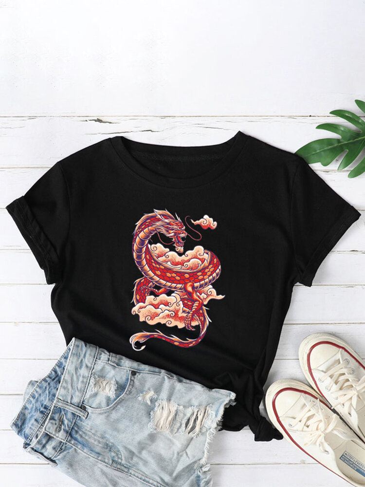 Naisten Oriental Dragon Graphics O-aukkoiset Rento Lyhythihaiset T-paidat