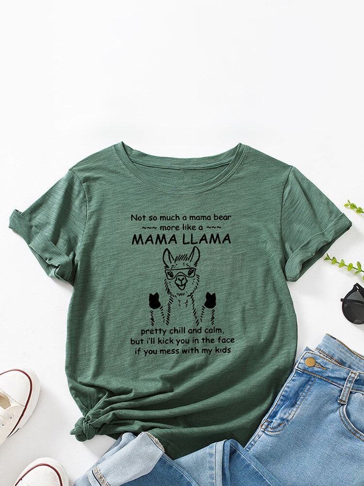 Sarjakuva Alpaca Letters-printti Pyöreäkaula-aukoinen T-paita Naisille