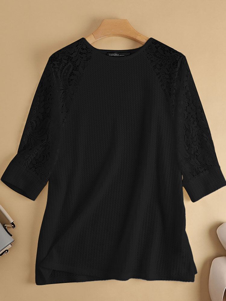Solid Lace Patchwork Hollow Out Raglan Sleeve T-paita