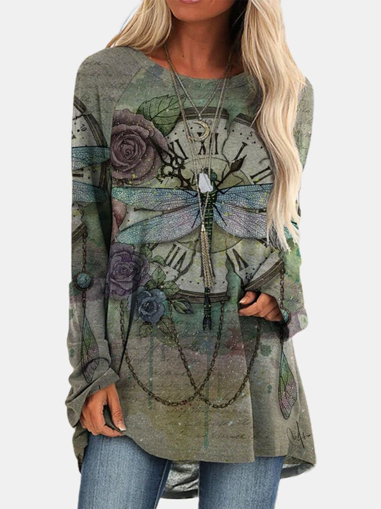 Vintage Kukkakuvioinen O-kaula-aukkoinen Pitkähihainen Epäsäännöllinen Helma T-paita Naisille