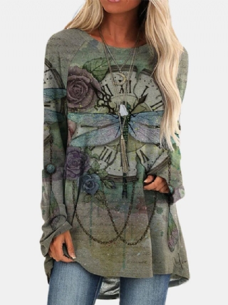 Vintage Kukkakuvioinen O-kaula-aukkoinen Pitkähihainen Epäsäännöllinen Helma T-paita Naisille