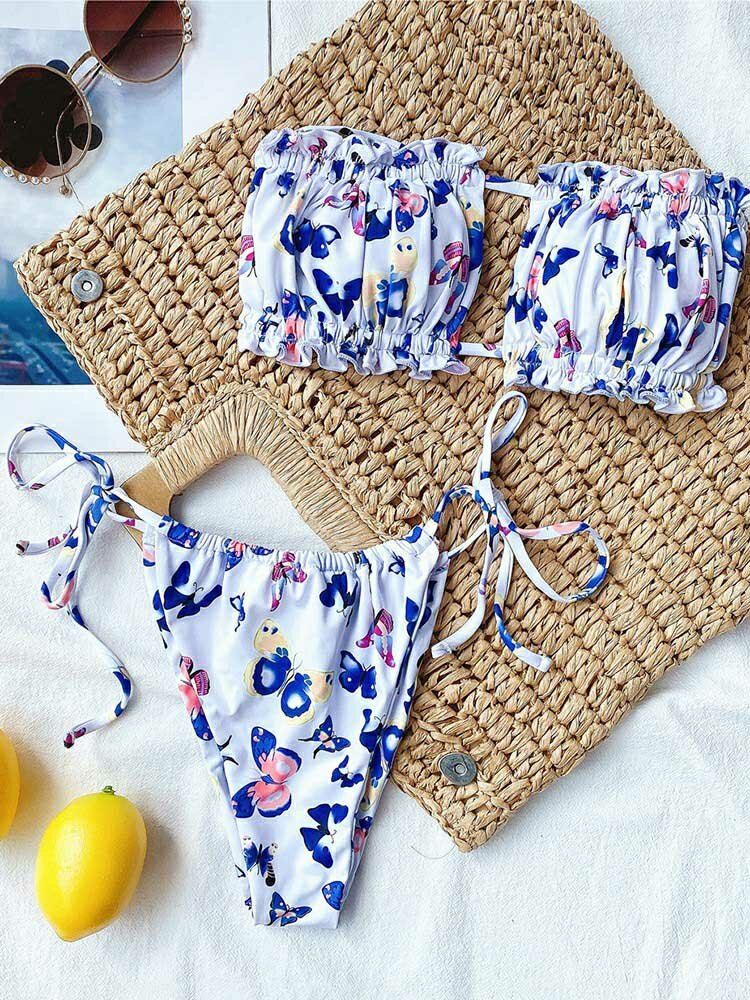 Eläinperhosprintillä Painettu Solmio Olkaimeton Bikini Beach Uima-asut Naisille