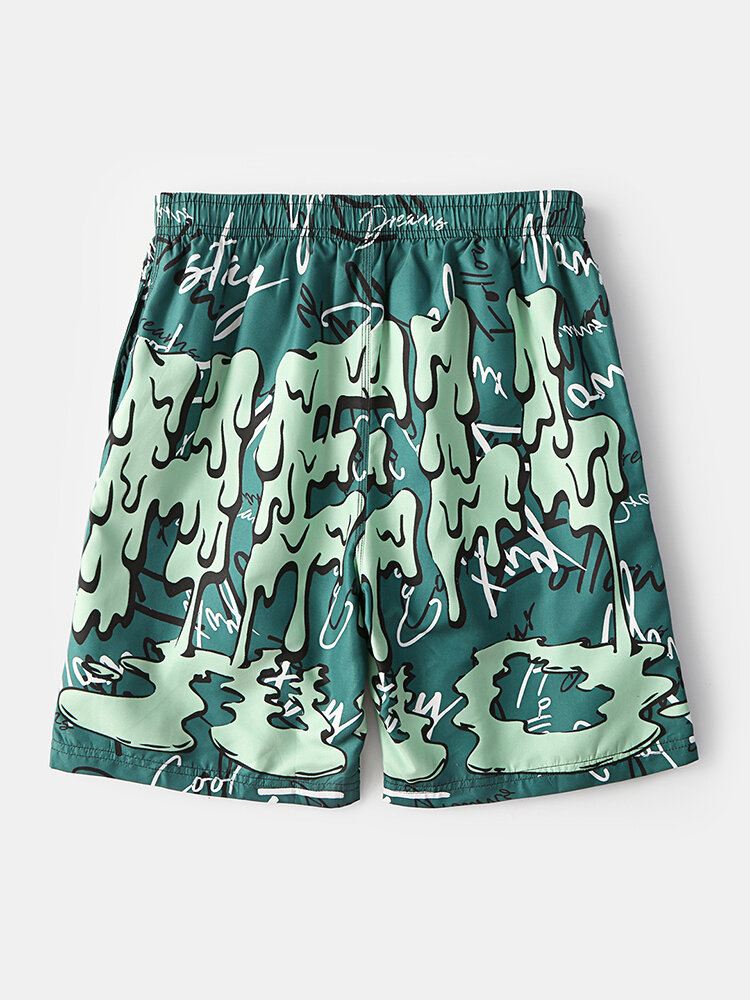 Miesten Hauska Graffitiprinttiverkkovuori Quick Dry Holiday Casual Board Shortsit