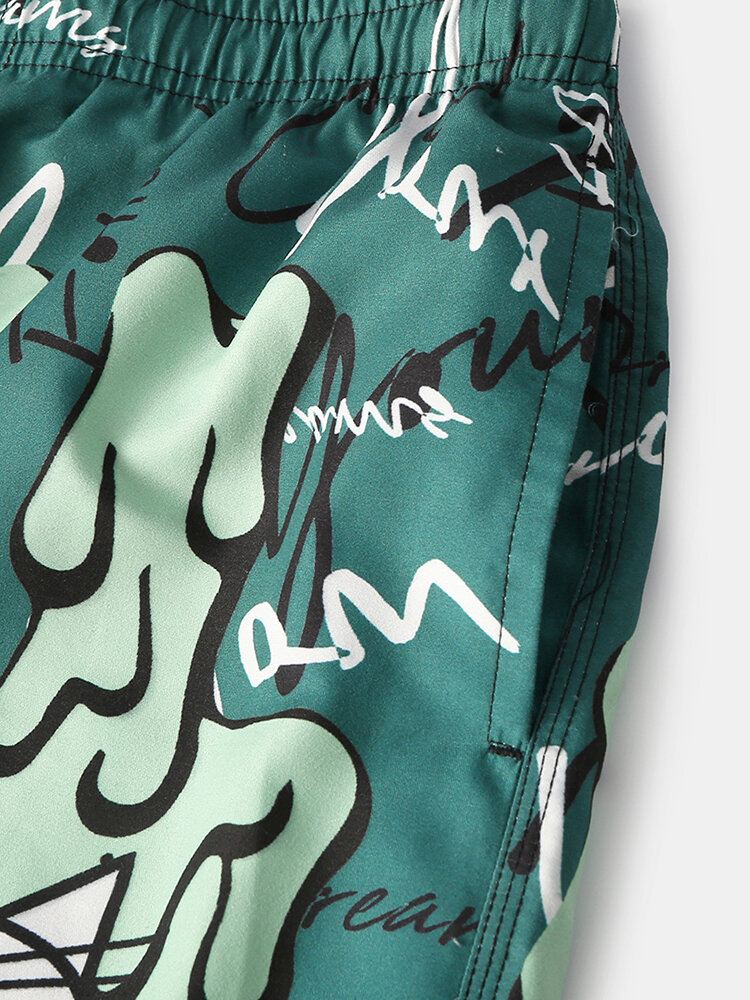 Miesten Hauska Graffitiprinttiverkkovuori Quick Dry Holiday Casual Board Shortsit