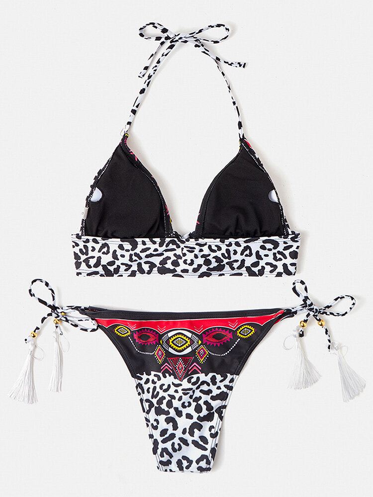 Naisten Leopard Patchwork Etninen Printti Riimunauha Bikinit Selkänojattomat Uimahousut