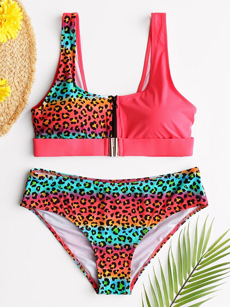 Naisten Leopard Patchwork Etuvetoketju Bikinit Takattomat Uimahousut