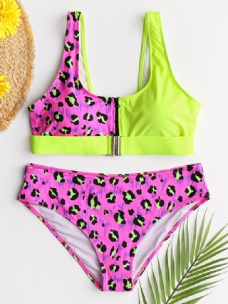 Naisten Leopard Patchwork Etuvetoketju Bikinit Takattomat Uimahousut