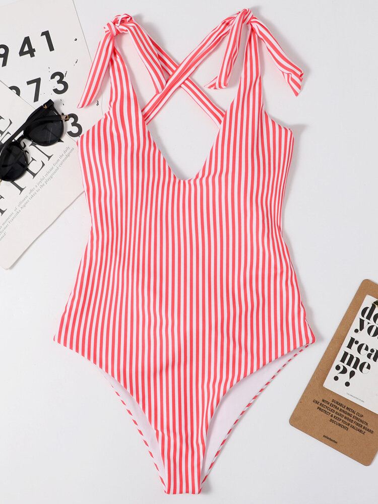 Naisten Pinstripe Criss Cross Back Söpö Rusetti Olkapää Yksiosainen Laihduttava Uimapuku