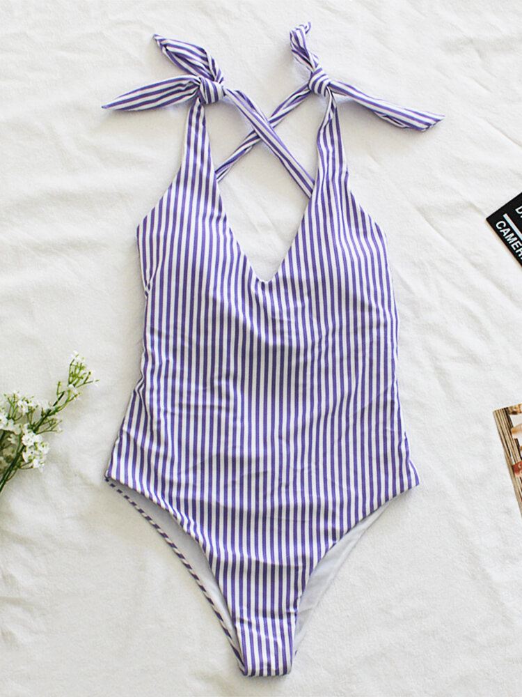 Naisten Pinstripe Criss Cross Back Söpö Rusetti Olkapää Yksiosainen Laihduttava Uimapuku