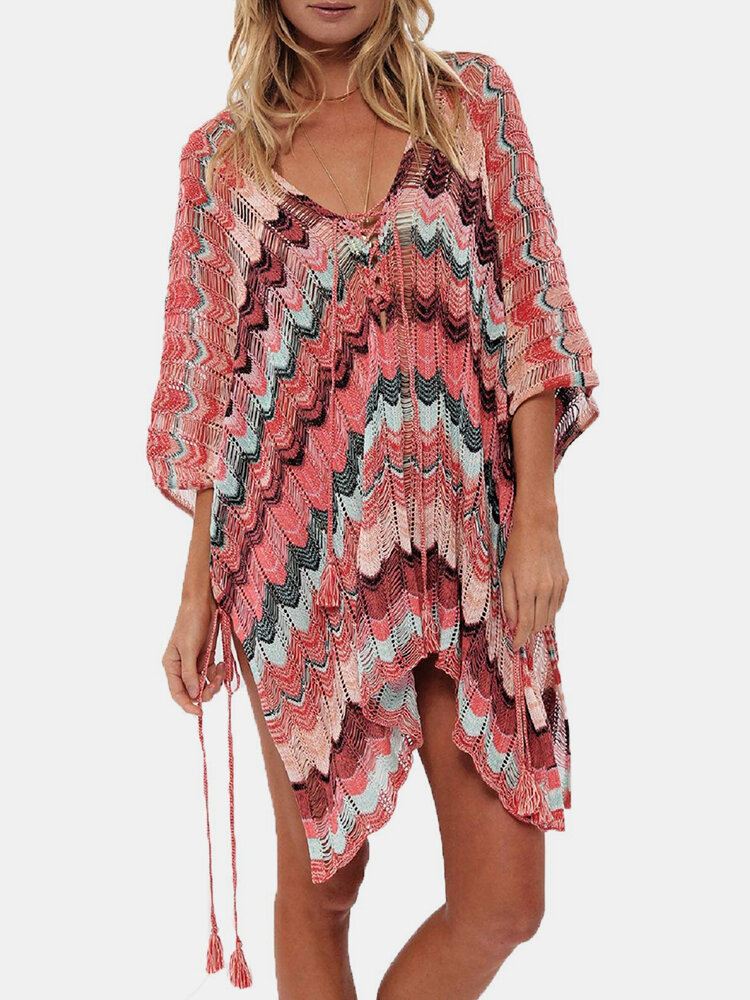 Naisten Raidat Vintage Print Side Sivu Halkio Auringonsuoja Cover Ups Rantauimapuvut