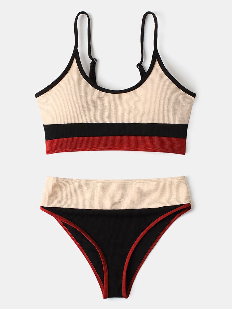 Naisten Stripe Patchwork Korkeavyötäröiset Bikinit Selkättömät Rantavaatteet