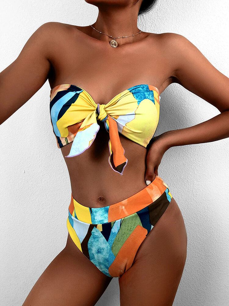 Naisten Värikäs Printtisolmio Edessä Bandeau Olkaimeton Bikinit Stringillä