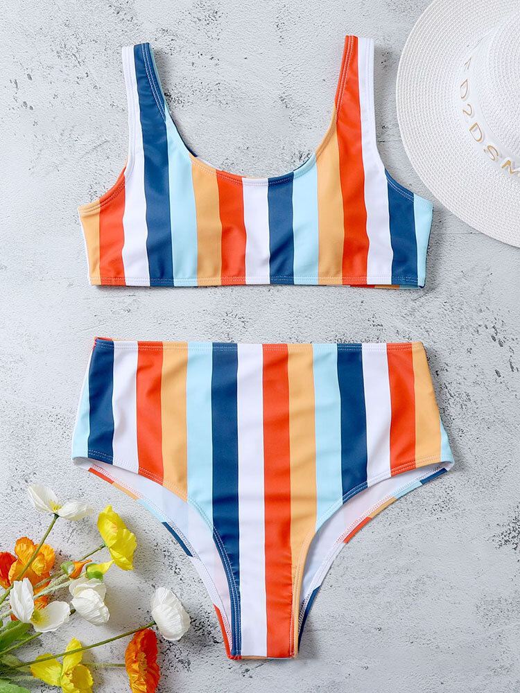Naisten Värikäs Raidallinen Leveät Olkaimet Korkeavyötäröinen Bikini-uimapuku