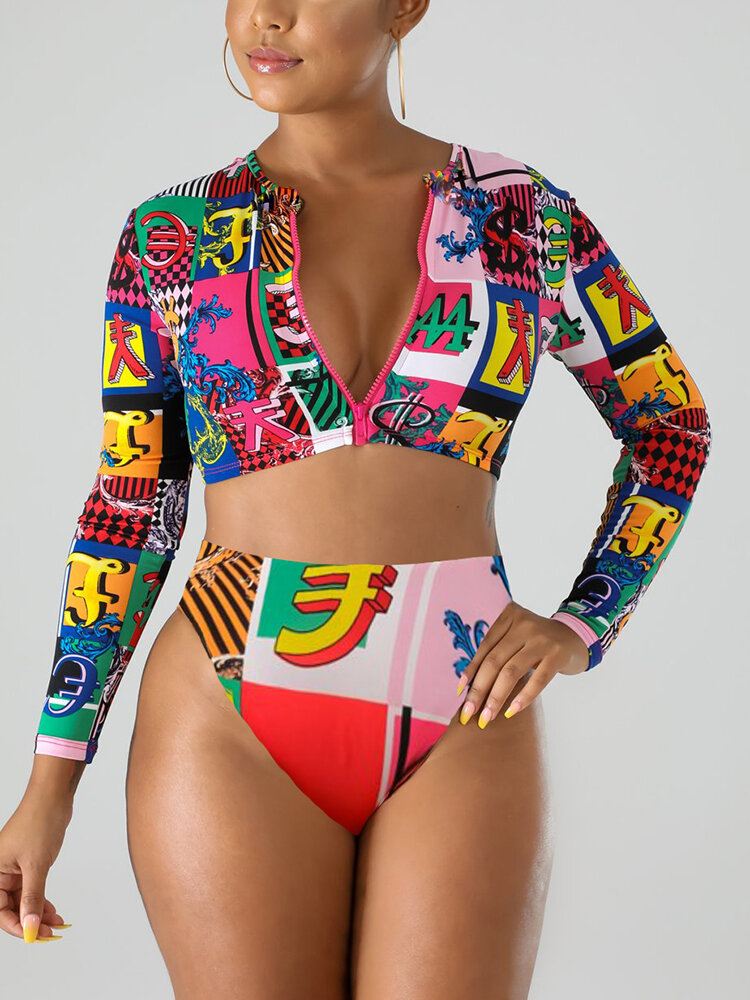 Naisten Valuuttasymboliprintti Vetoketju Pitkähihainen Crop Skinny Korkeavyötäröinen Bikini-uimapuku