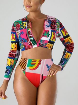 Naisten Valuuttasymboliprintti Vetoketju Pitkähihainen Crop Skinny Korkeavyötäröinen Bikini-uimapuku