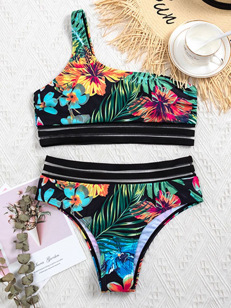 Plant Leaf Tropical Print One Olkapää Verkkokoristeinen Bikinit Korkeavyötäröinen Uimapuku