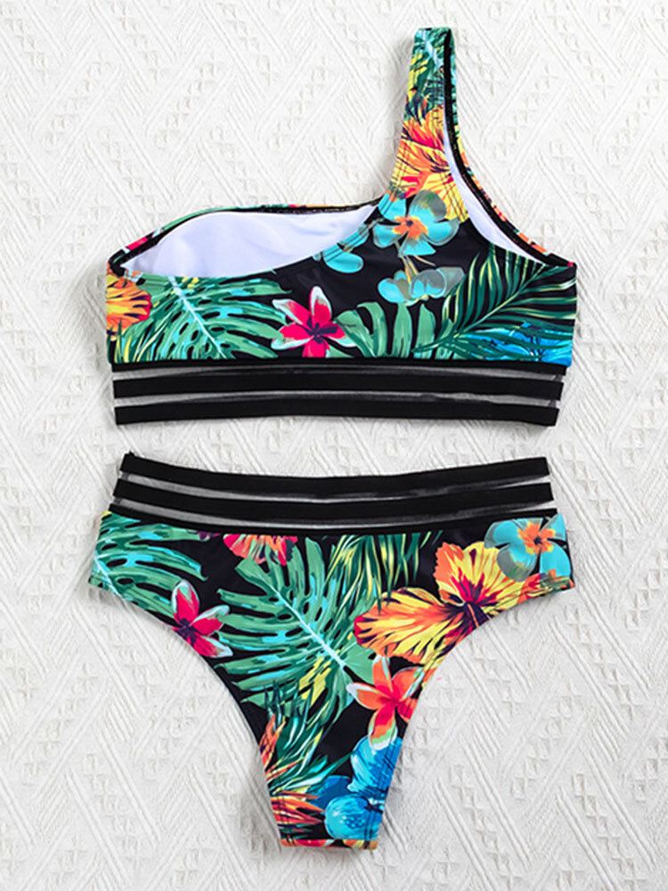 Plant Leaf Tropical Print One Olkapää Verkkokoristeinen Bikinit Korkeavyötäröinen Uimapuku