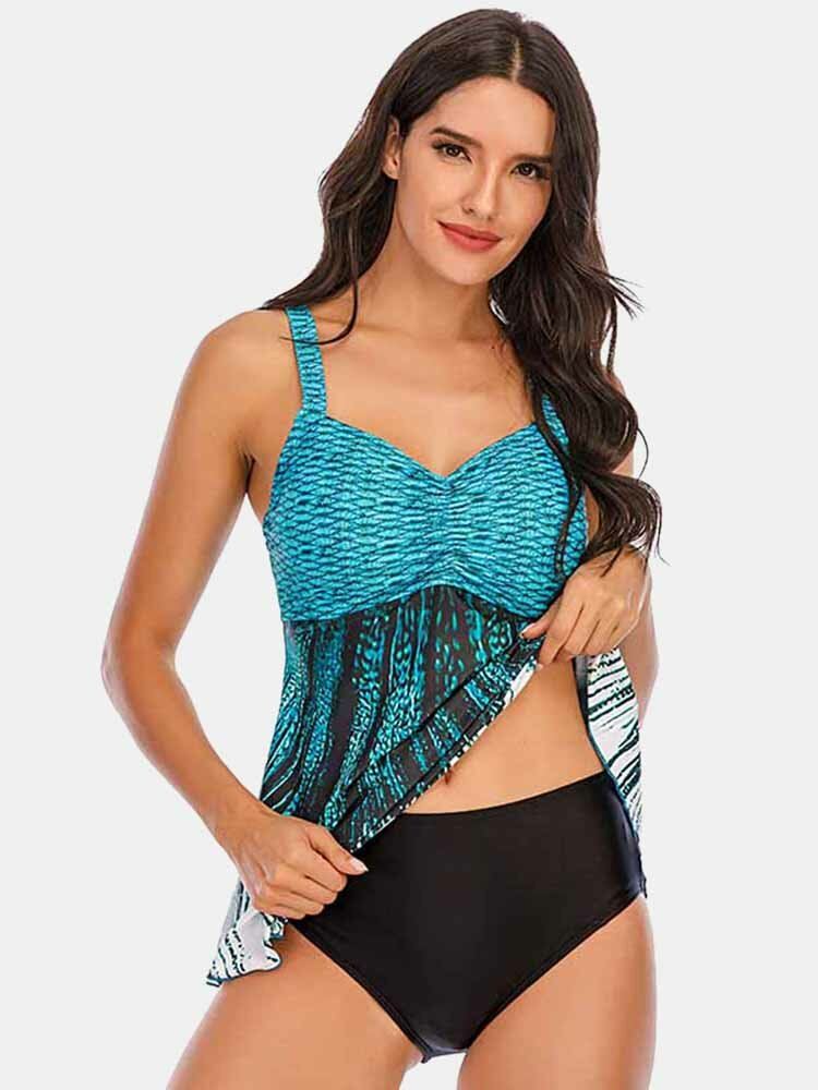 Plus Size Naisten Ombre Wave Print Selkänojaton Vatsa Uimamekko Rantavaatteet