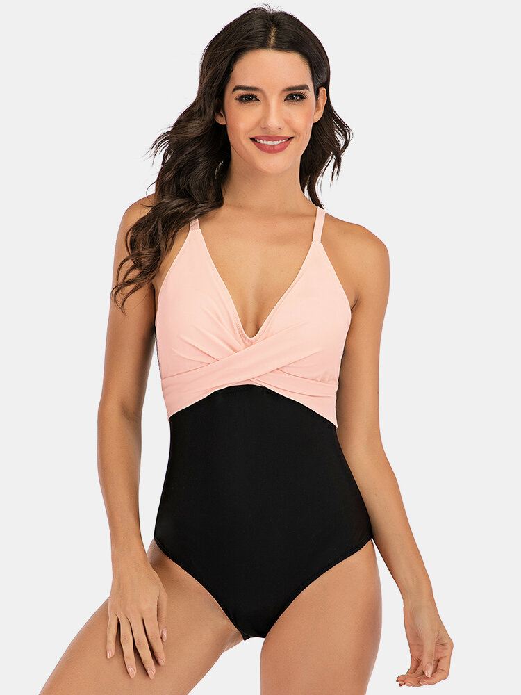 Plus Size Naisten Stripe Splice Kaksisävyiset Skinny Fit One Piece-uimapuvut