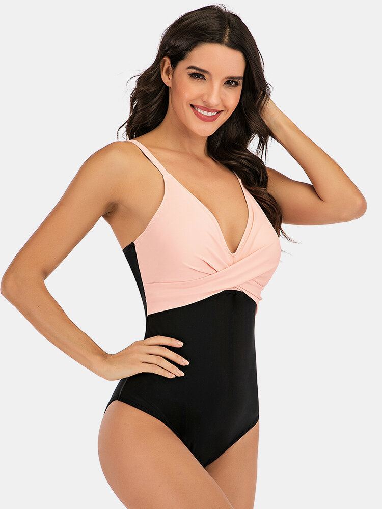 Plus Size Naisten Stripe Splice Kaksisävyiset Skinny Fit One Piece-uimapuvut