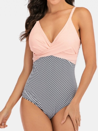 Plus Size Naisten Stripe Splice Kaksisävyiset Skinny Fit One Piece-uimapuvut