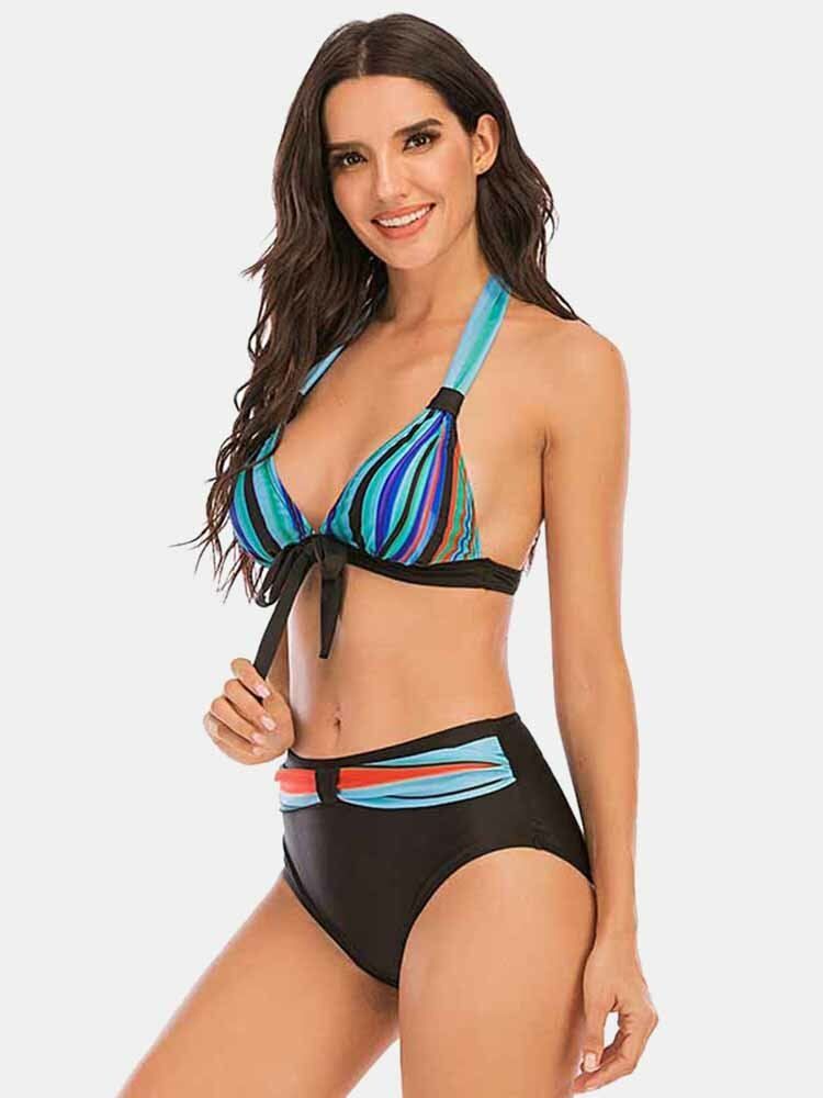 Plus Size Naisten Värikäs Raitasolmio Edessä Riimu Takattomat Bikinit Uimapuvut