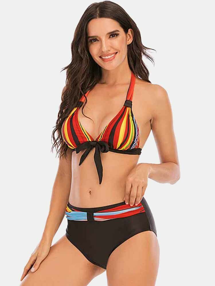 Plus Size Naisten Värikäs Raitasolmio Edessä Riimu Takattomat Bikinit Uimapuvut