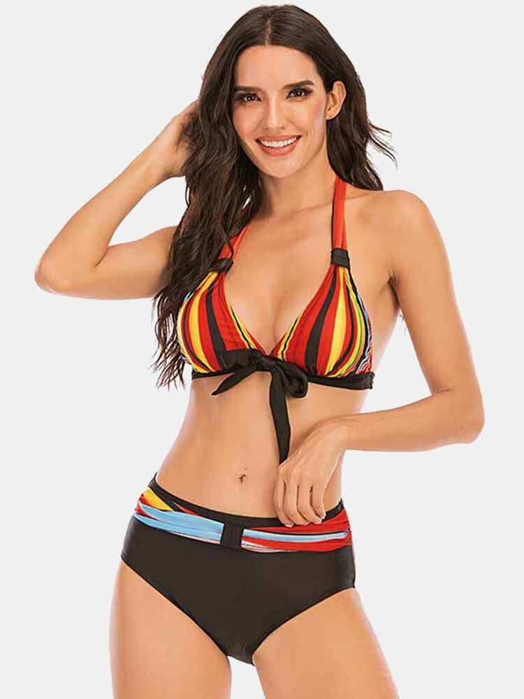 Plus Size Naisten Värikäs Raitasolmio Edessä Riimu Takattomat Bikinit Uimapuvut