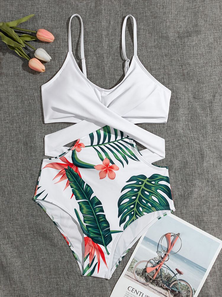 Tropical Plant Print Crisscross Cut Out Strappy One Piece Hawaii Style Naisten Uimapuvut
