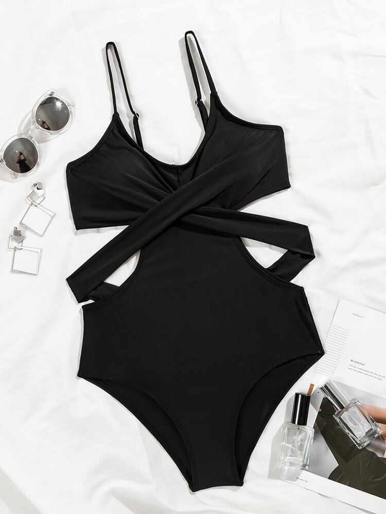 Tropical Plant Print Crisscross Cut Out Strappy One Piece Hawaii Style Naisten Uimapuvut