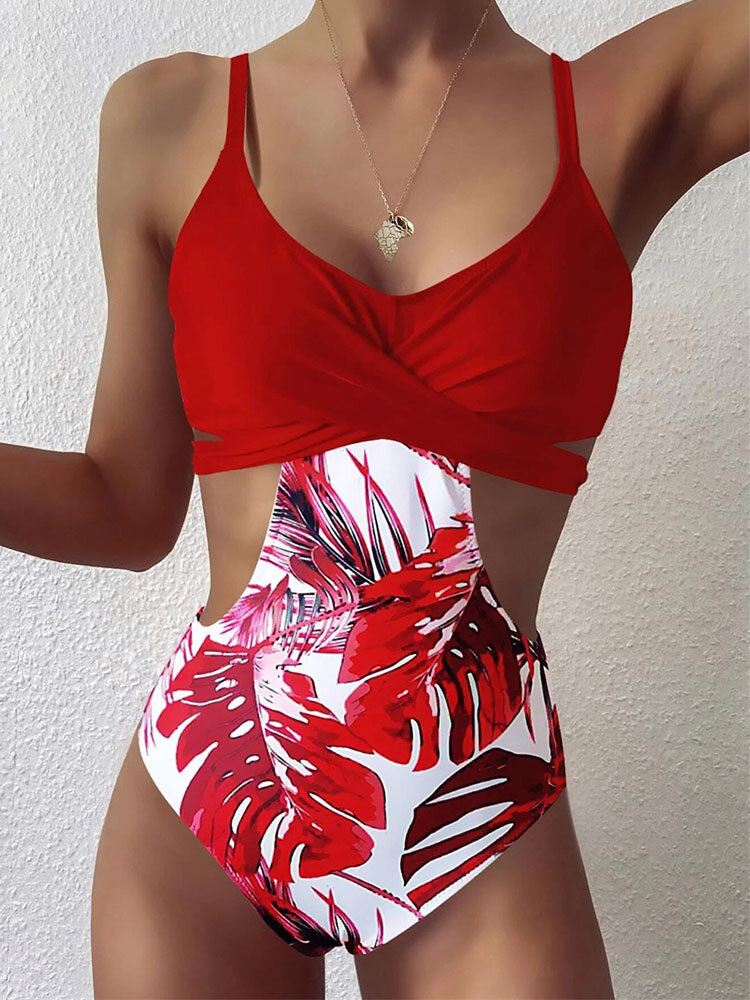 Tropical Plant Print Ristileikattu Solmittava Takaosa Hawaii-tyylinen Yksiosainen Uimapuku Naisille