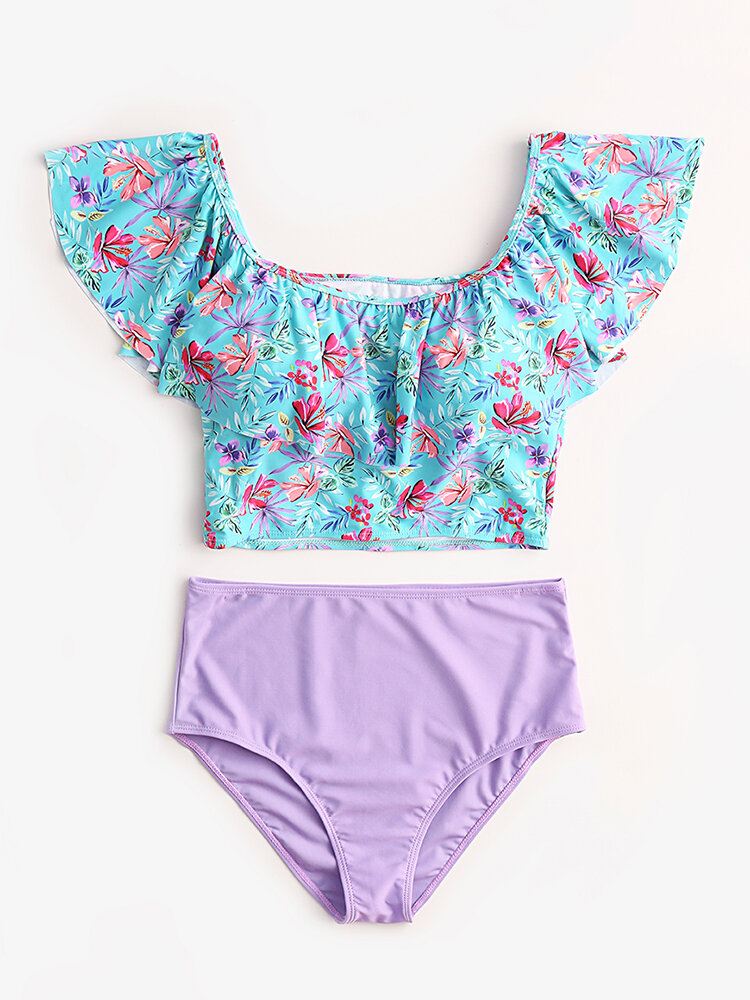 Tropical Plant Print Röyhelöt Korkeavyötäröinen Bikini Hawaii Casual Naisten Uimapuku