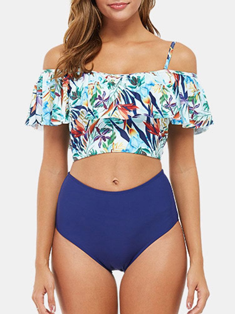 Tropical Plant Print Röyhelöt Korkeavyötäröinen Bikini Hawaii Casual Naisten Uimapuku