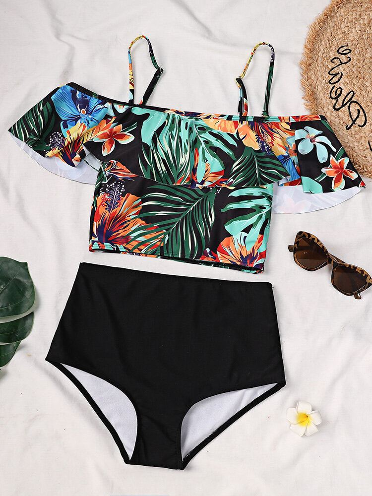 Tropical Plant Print Ruffle Spaghetti Straps Korkeavyötäröiset Bikinit Naisten Uimapuku