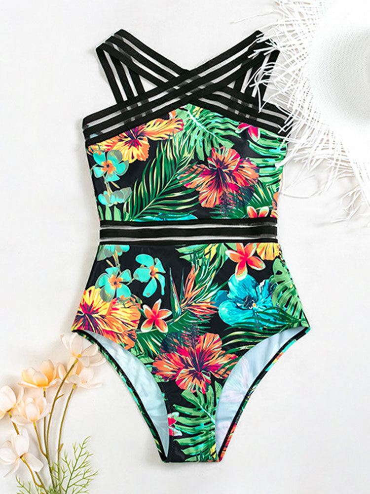 Tropical Plants Print Striped Mesh Hoikentava Yksiosainen Naisten Hawaii-uimapuku