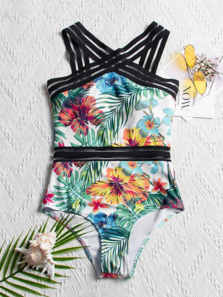 Tropical Plants Print Striped Mesh Hoikentava Yksiosainen Naisten Hawaii-uimapuku