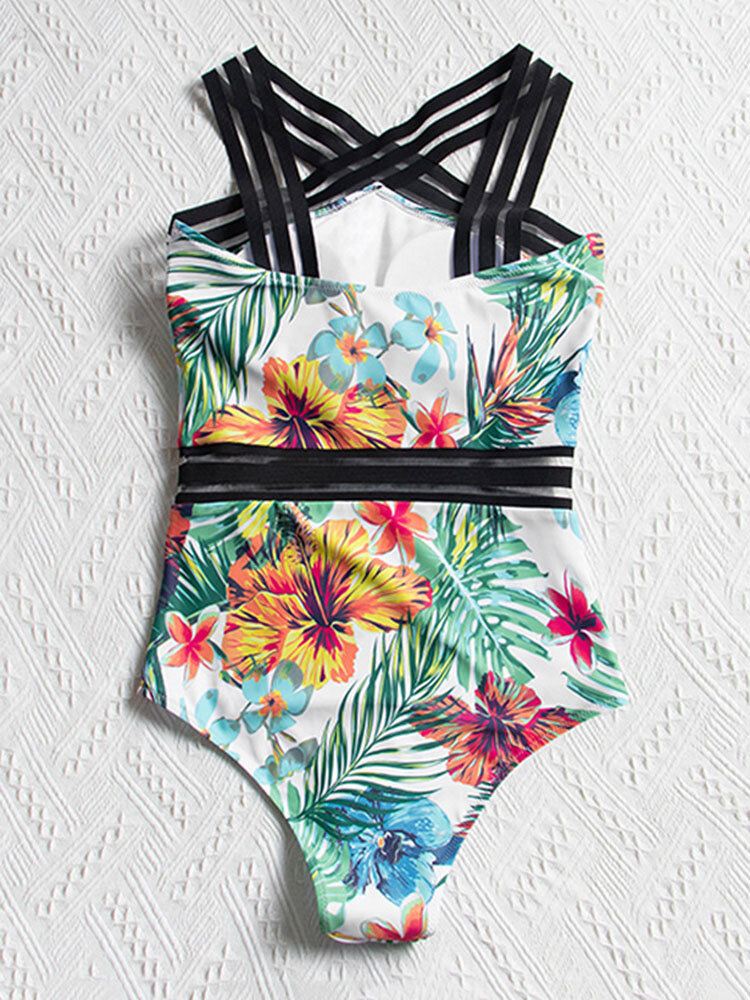 Tropical Plants Print Striped Mesh Hoikentava Yksiosainen Naisten Hawaii-uimapuku